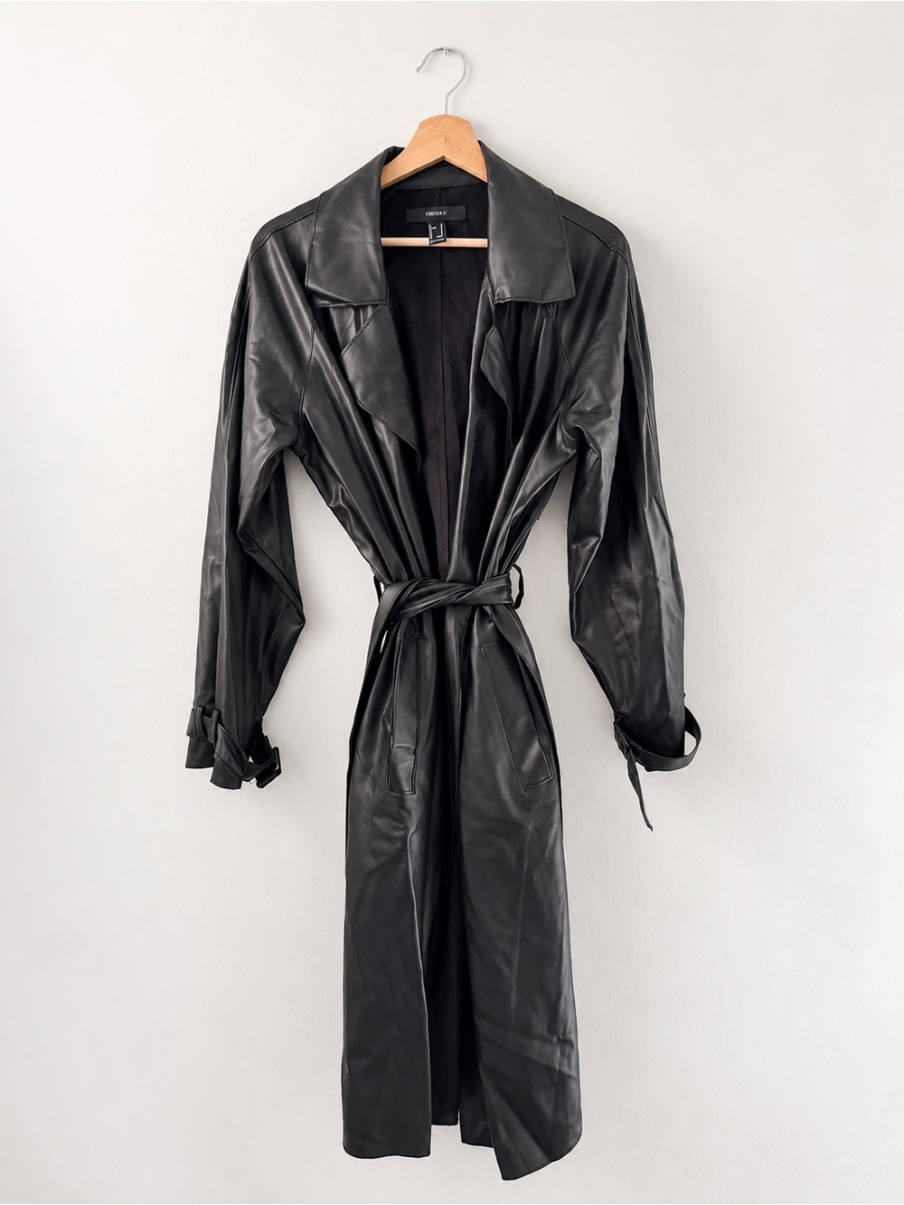 Forever 21 Black Faux Leather Long Belted Trench Coat M